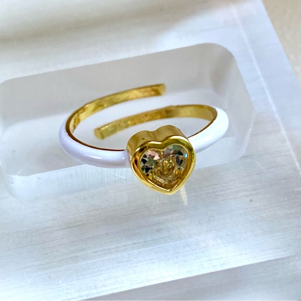 Gold & White Heart Accent Adjustable Ring